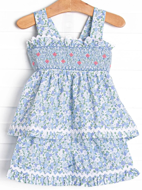 Stitchy Fish Other - Smocked Floral Ruffle Tank Romper - Blue & Green Daisy Print